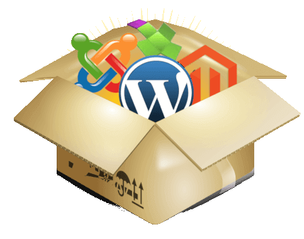 Box with symbols of contant management systems wordpress, Joomla, Magento, modx